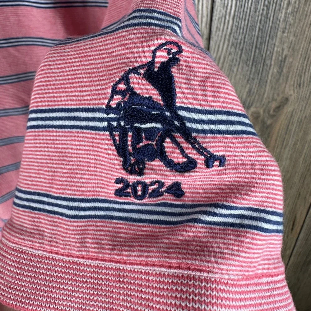 B. Draddy USA Pima Cotton Polo Shirt Mens XL Pink Navy Blue Striped Logo